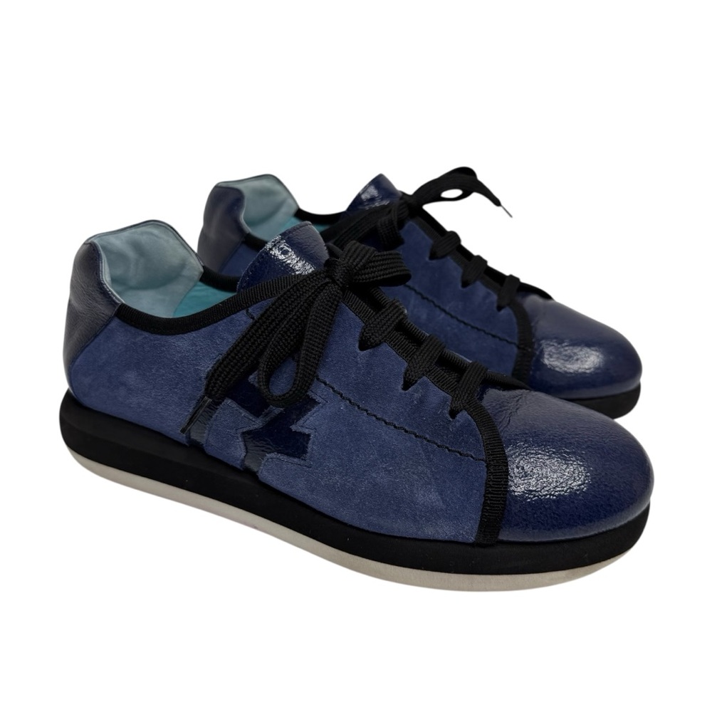 Thierry Rabotin Lace-Up Sneakers Oxford Navy Blue Crinkle Patent Comfort Sz 38